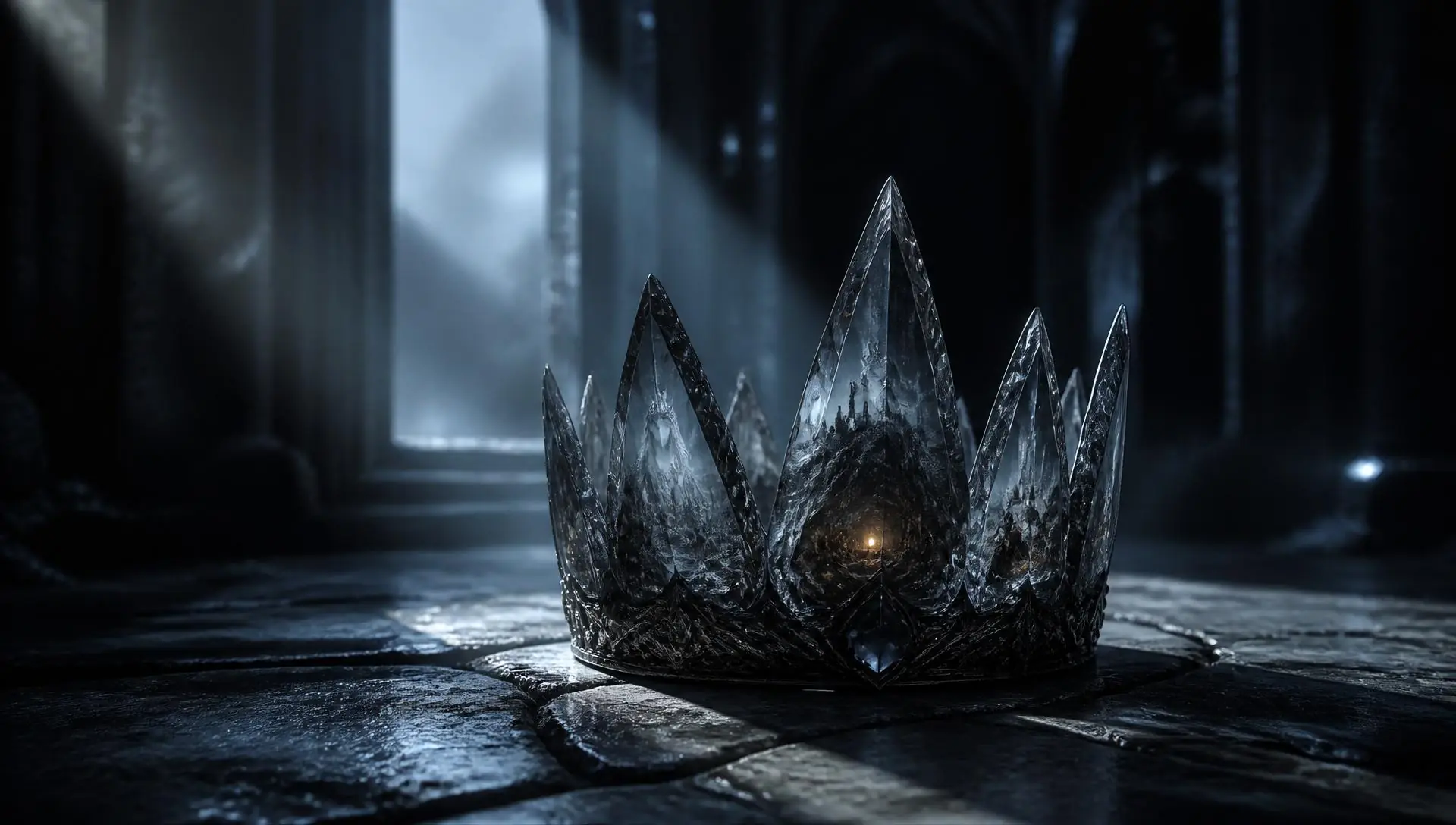 The crown alone in an empty hall.